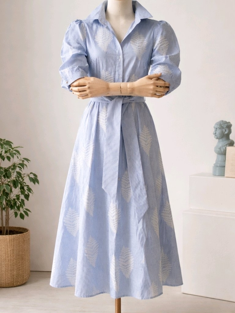 Zara Blue White Striped Embroidered Leaf Midi Coastal Shirt Dress Belted XS
